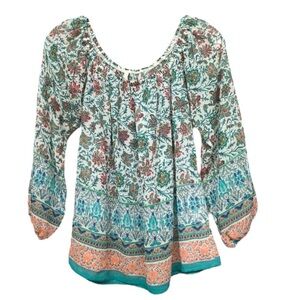 Sage Relaxed Ruffled Blouse with 3/4 Sleeves in Pink and Green